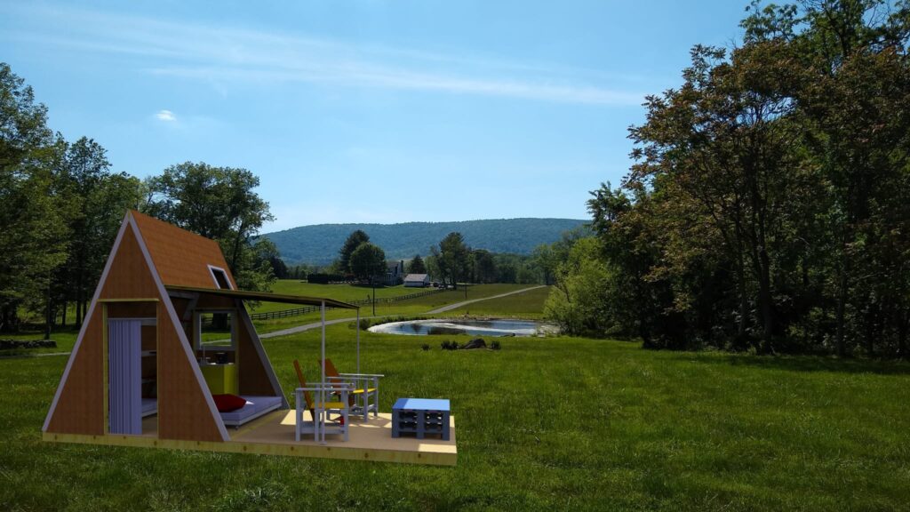 Alpine Frames, A-frame rendering, liftable roof open, alpineframes.com