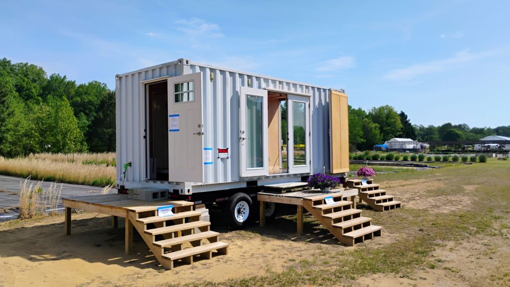tiny house container, unique bnb, trailer, landings, doors open