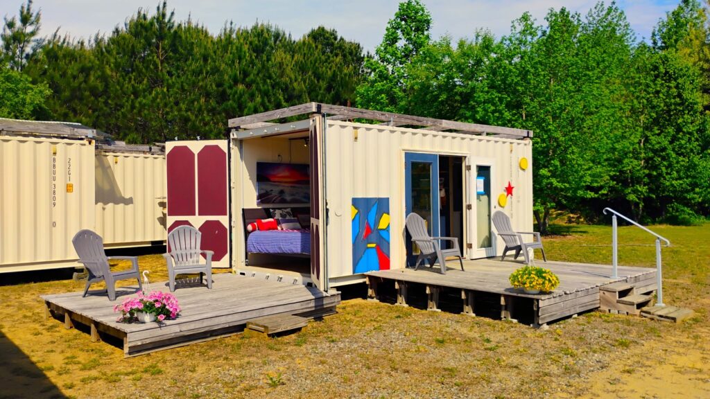 tiny house container, happy weekender, grand, two decks, roof frame, doors open